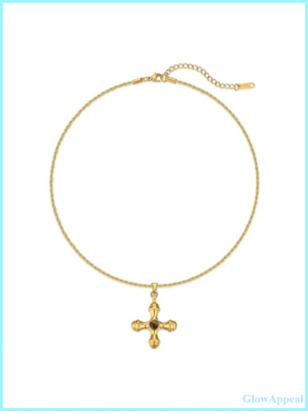 Tiger Eye Cross Pendant Necklace 18K Gold Plated Adjustable Rope Chain